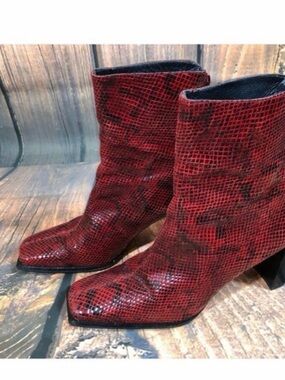 Stuart Weitzman Red Snake-Print Square-Toe Ankle Boots